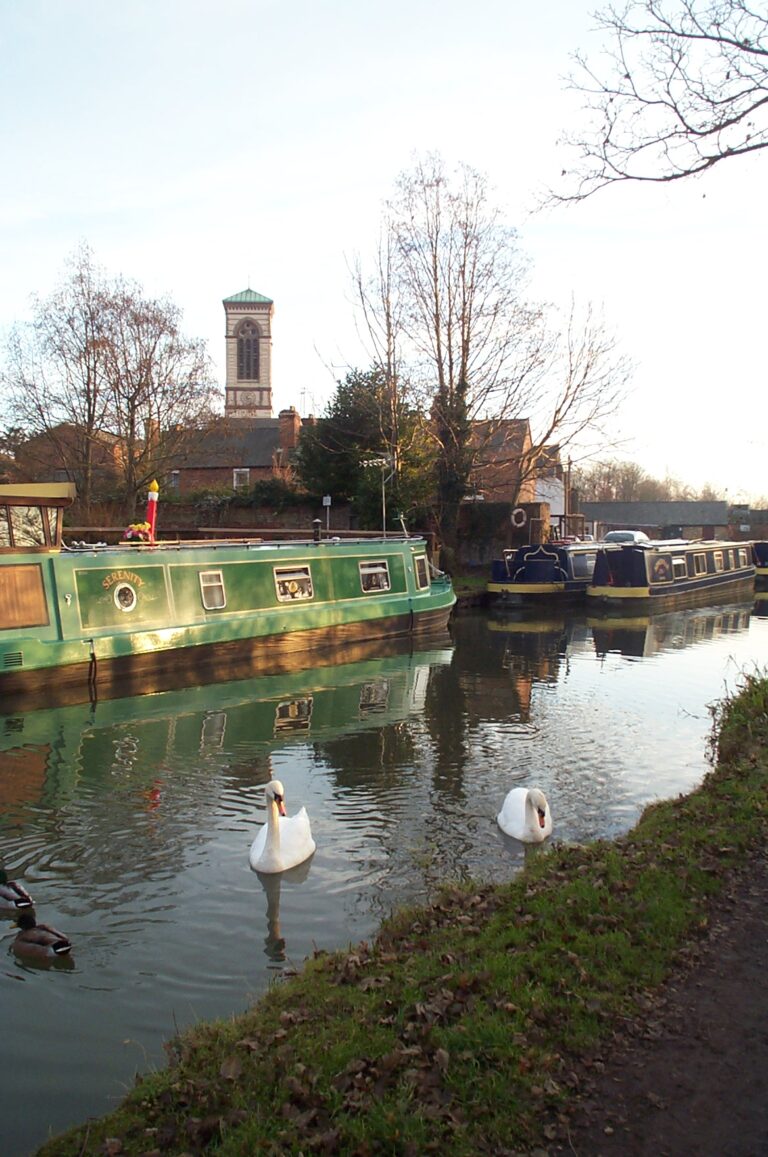 View of Jericho and the tower of St Barnabas Church seen from the Oxford Canal.