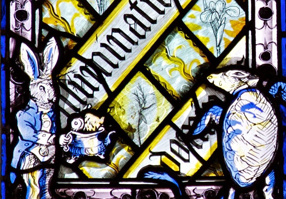 A white rabbit in one of Christ Church stained glass windows.